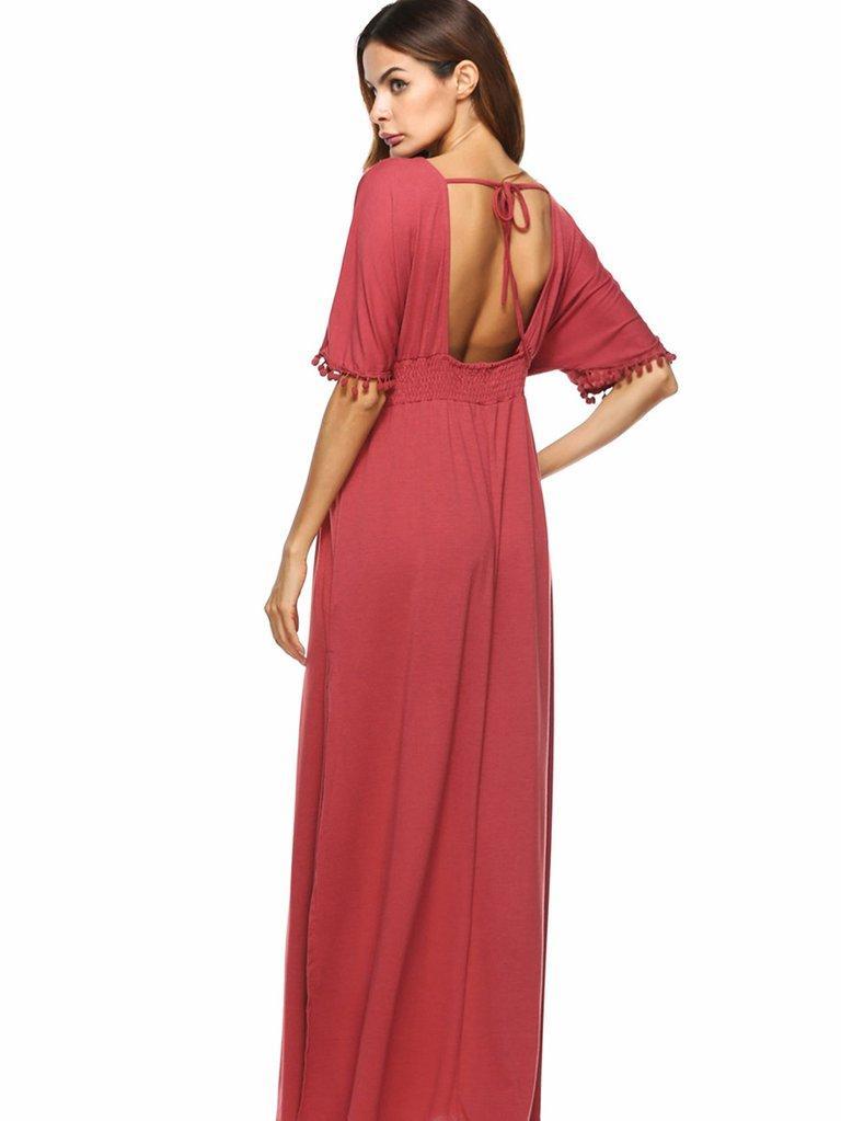 Simple Red V-Neck Short Sleeve Elastic Waist Evening Dress