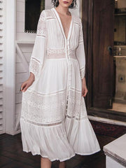 White Lace Split-Joint Hollow Midi Dress