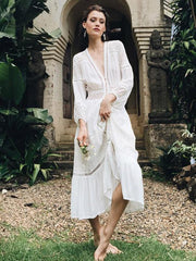 White Lace Split-Joint Hollow Midi Dress