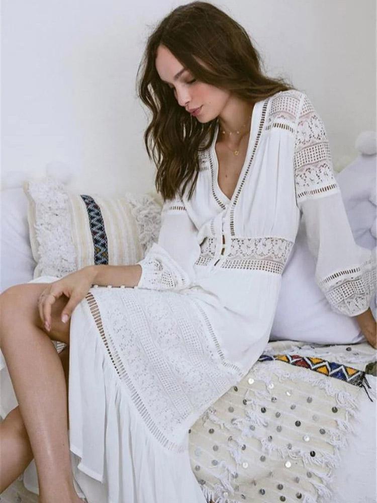 White Lace Split-Joint Hollow Midi Dress