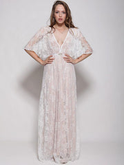 White Lace Hollow V-back Evening Dress