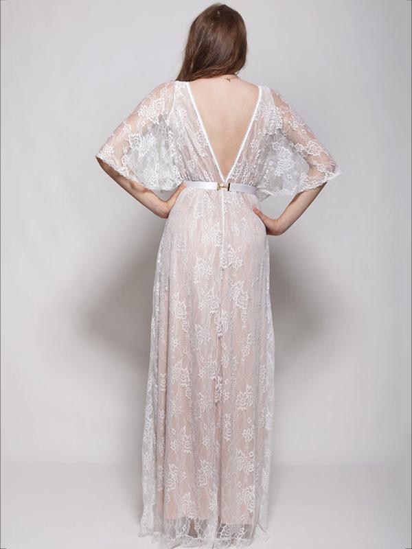 White Lace Hollow V-back Evening Dress