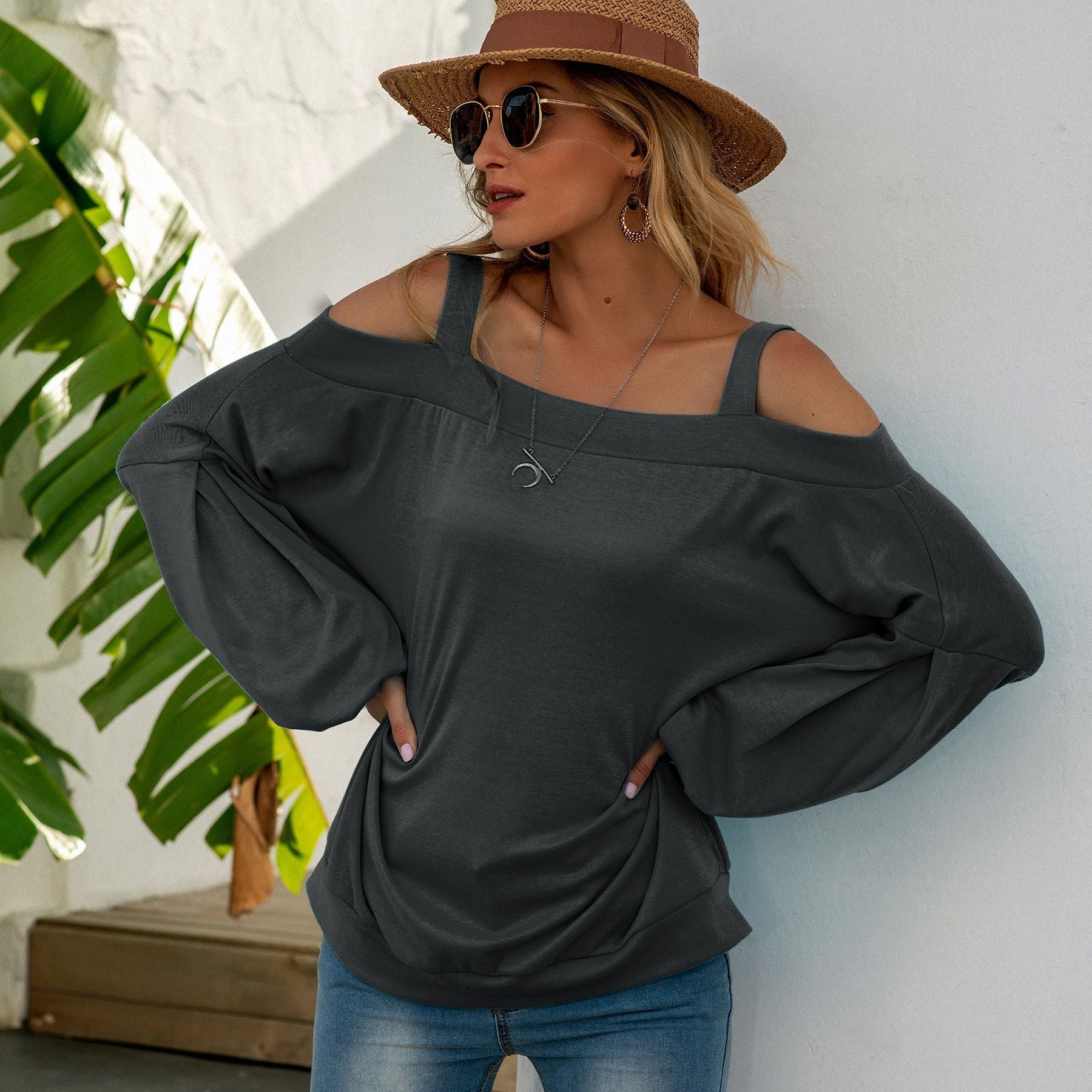 Sexy off-shoulder long-sleeved solid color sweaters