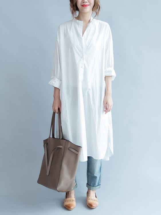 Simple Stand-collar White Long Blouse Dress