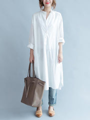 Simple Stand-collar White Long Blouse Dress