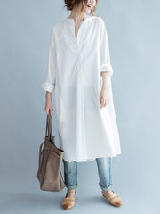 Simple Stand-collar White Long Blouse Dress