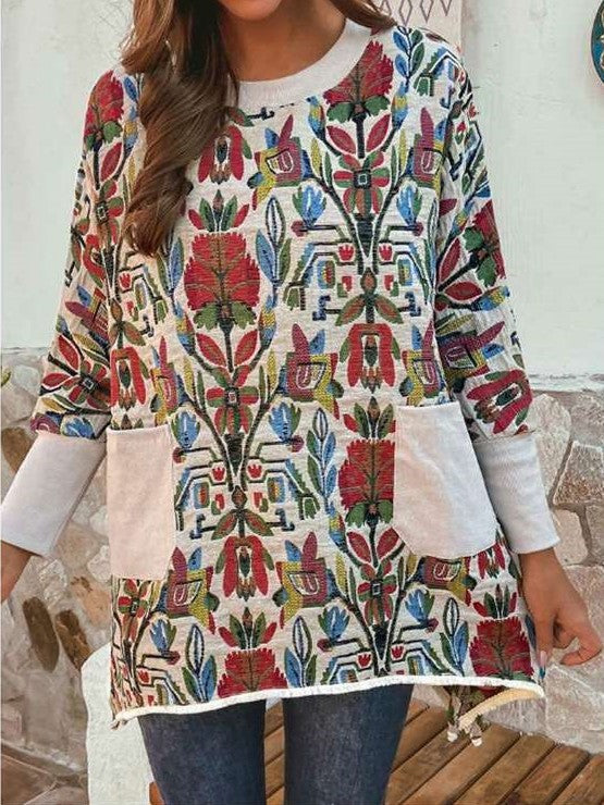 Casual Loose Floral print Round neck Long sleeve Sweatshirts