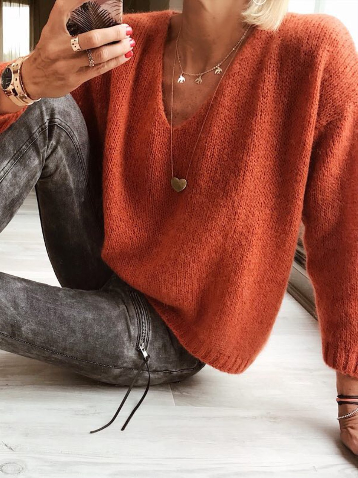 Casual V Neck Plain Sweater