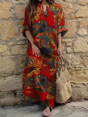 Fashion Casual Retro print V neck Long sleeve Maxi Dresses