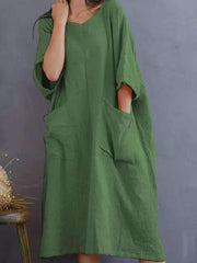 Casual Loose Pure V neck Half sleeve Pocket Maxi Dresses
