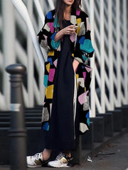 Women big lapel long sleeve printed long coats