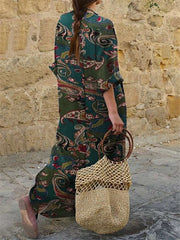 Fashion Casual Retro print V neck Long sleeve Maxi Dresses