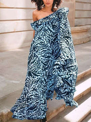 Fashion Print Sloping shoulder Unilateral sleeve Falbala Maxi Dresses