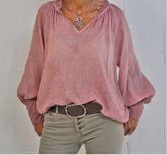 Casual Loose Pure V neck Long sleeve Blouses