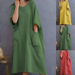 Casual Loose Pure V neck Half sleeve Pocket Maxi Dresses