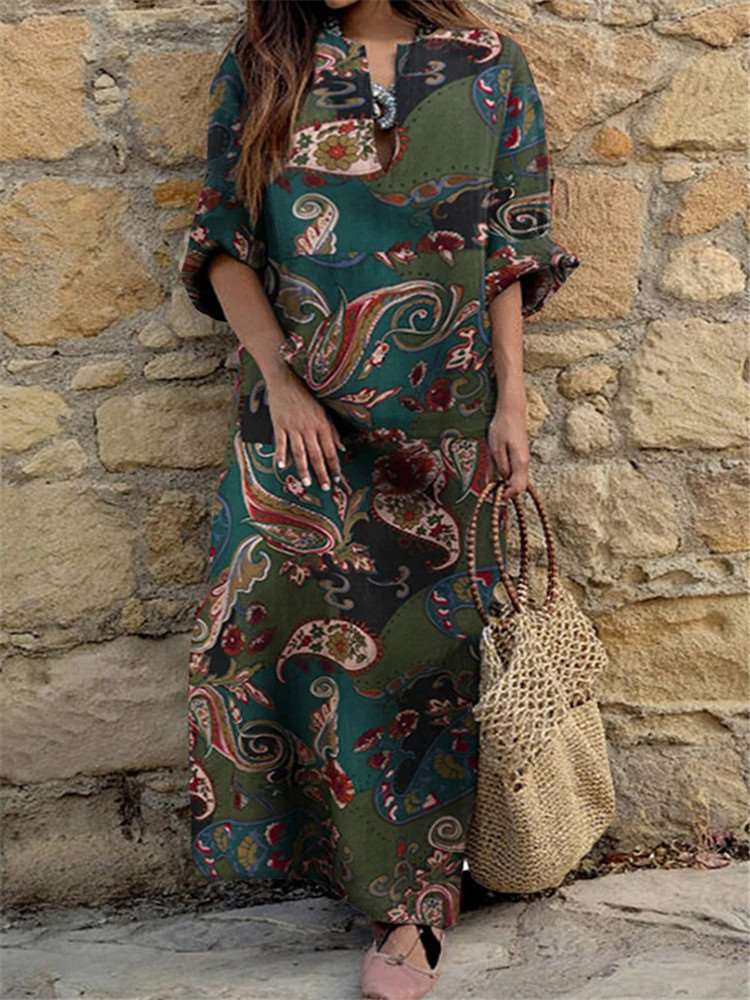 Fashion Casual Retro print V neck Long sleeve Maxi Dresses