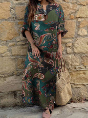 Fashion Casual Retro print V neck Long sleeve Maxi Dresses