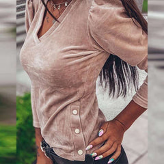 Fashion Pure Suede V neck Long sleeve T-Shirts