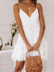 Sexy v-neck pure white lace patchwork skater dresses