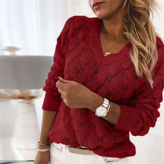 Casual Pure Hollow out Feather V neck Long sleeve Knit Sweaters