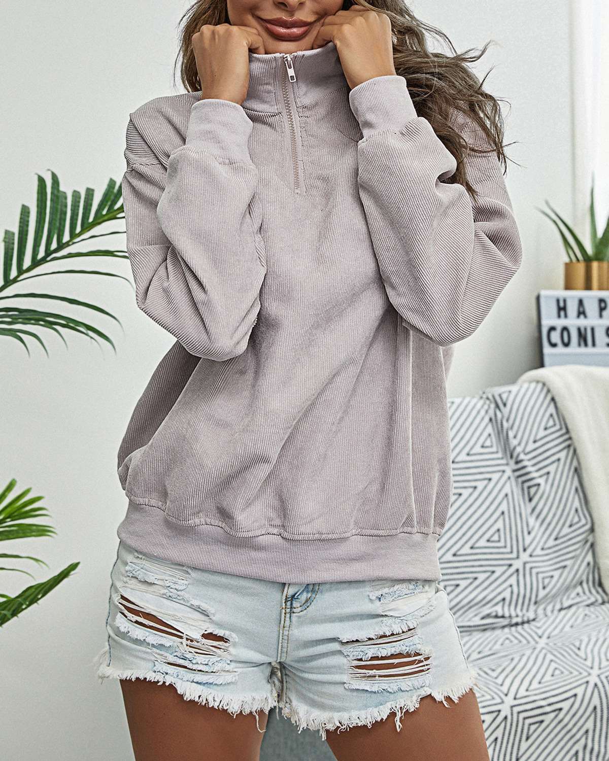 Casual Loose Pure Lapel Zipper Long sleeve Sweatshirts