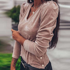 Fashion Pure Suede V neck Long sleeve T-Shirts