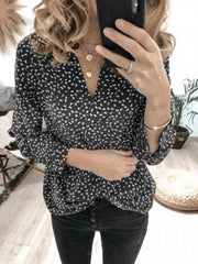 Wave dot printed v-neck long sleeve top blouses