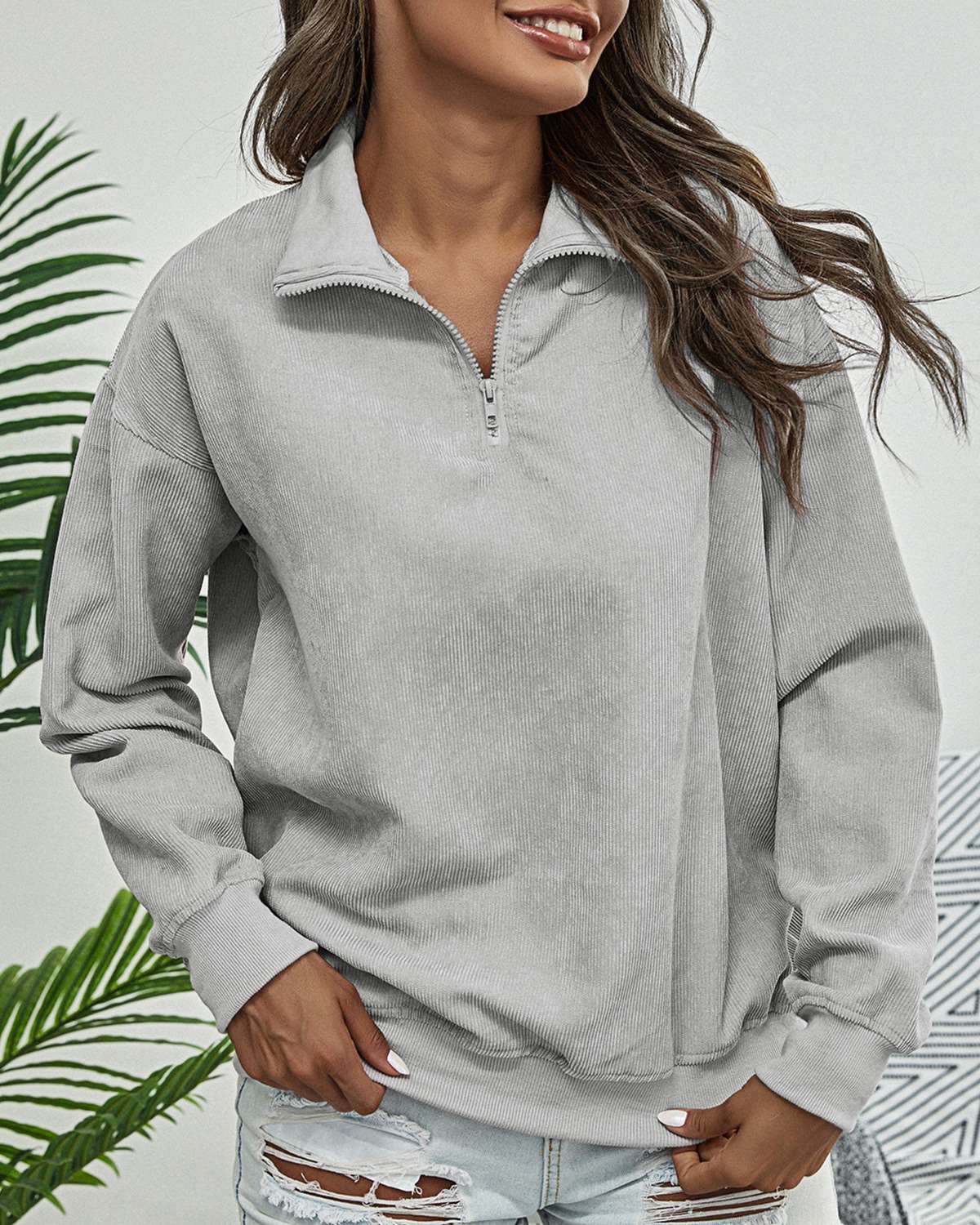 Casual Loose Pure Lapel Zipper Long sleeve Sweatshirts