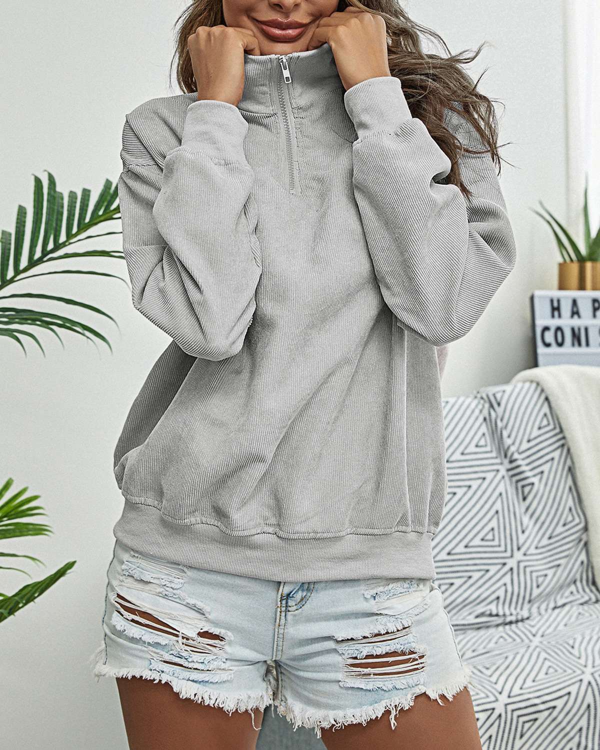 Casual Loose Pure Lapel Zipper Long sleeve Sweatshirts