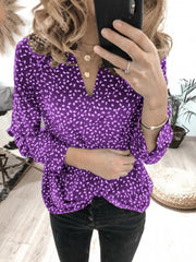 Wave dot printed v-neck long sleeve top blouses