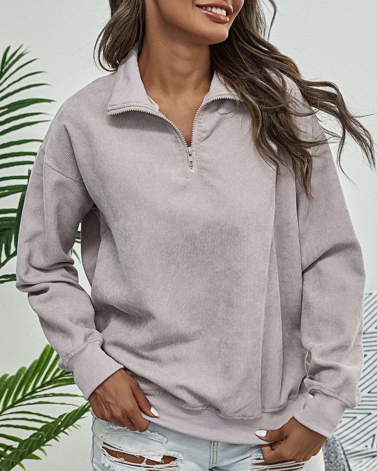 Casual Loose Pure Lapel Zipper Long sleeve Sweatshirts