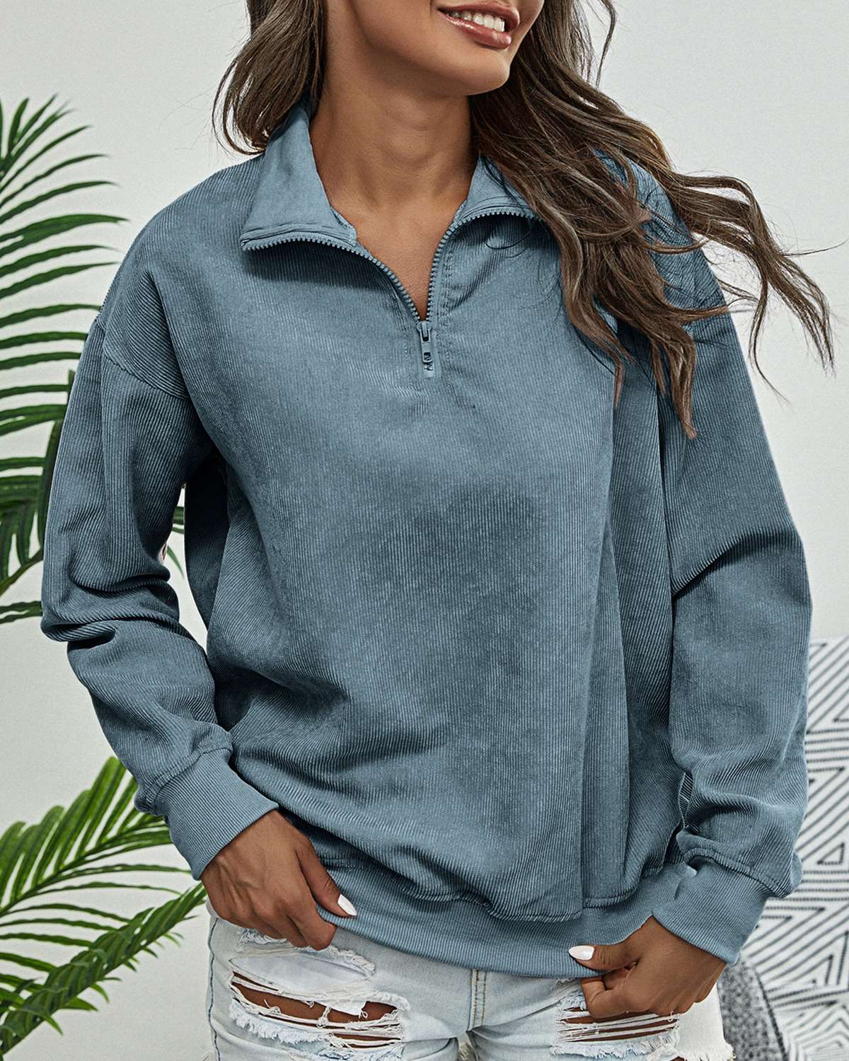 Casual Loose Pure Lapel Zipper Long sleeve Sweatshirts