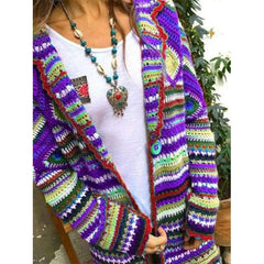 Fashion Casual Stripe print Lapel Long sleeve Knit Cardigan