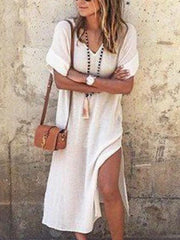 White Short sleeve v neck long casual maxi dresses