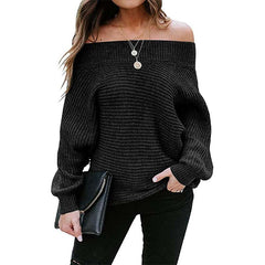 Casual Loose One shoulder Pure Long sleeve Knit Sweaters