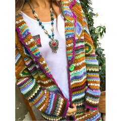 Fashion Casual Stripe print Lapel Long sleeve Knit Cardigan