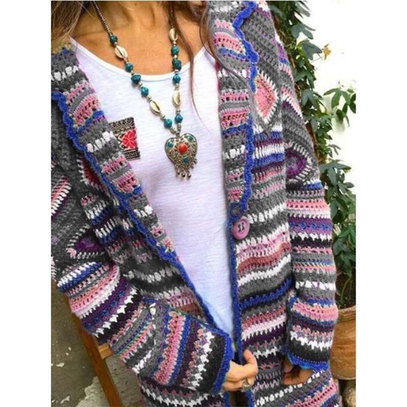 Fashion Casual Stripe print Lapel Long sleeve Knit Cardigan