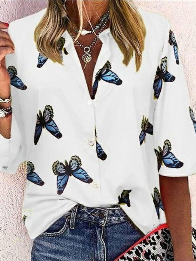Casual Butterfly print Lapel Long sleeve Blouses
