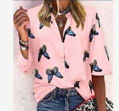 Casual Butterfly print Lapel Long sleeve Blouses