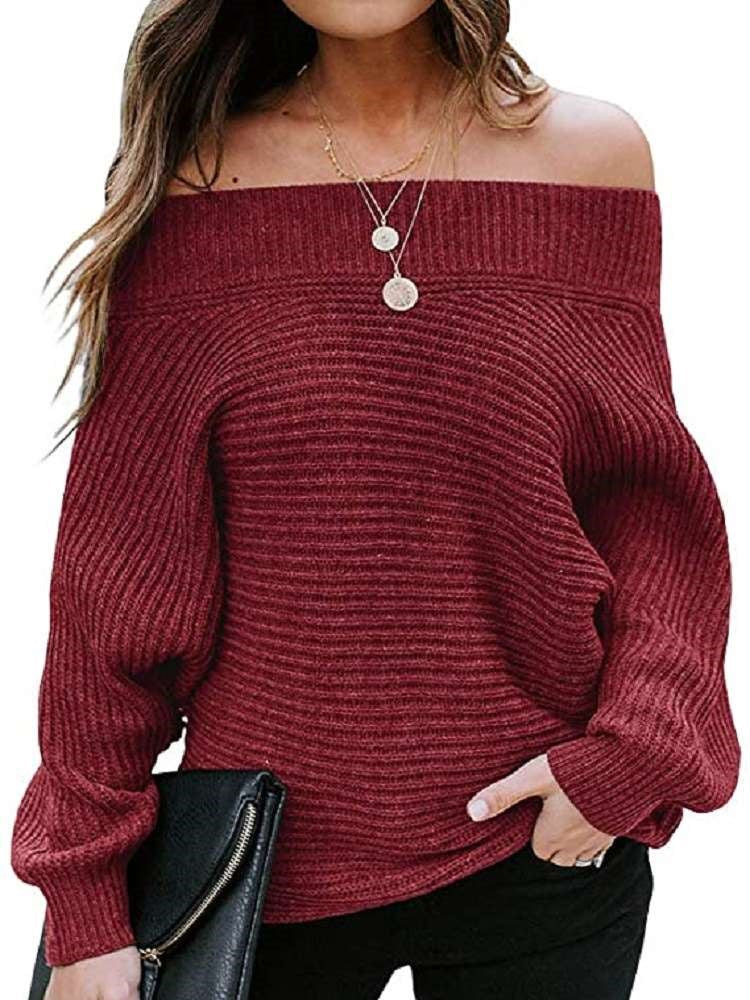Casual Loose One shoulder Pure Long sleeve Knit Sweaters