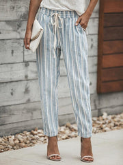 Women Casual Belt Striped Long Pants