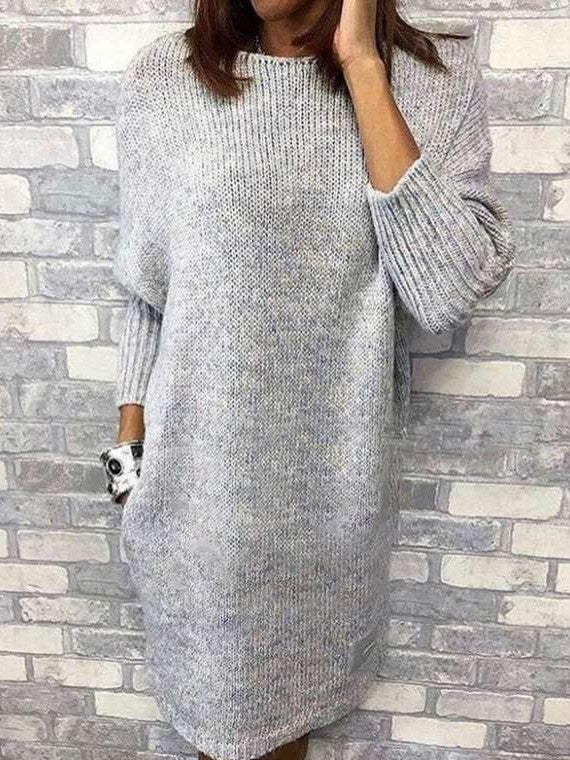 Fashion Pure Round neck Long sleeve Knit Shift Dresses