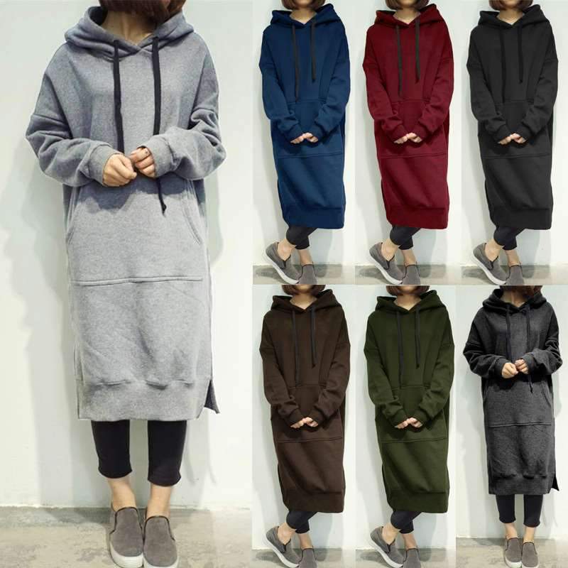 Fashion Casual Pure Long sleeve Hoodies Sweatshirts Maxi Dresses