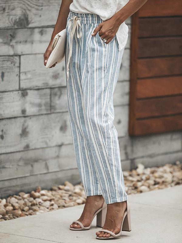 Women Casual Belt Striped Long Pants