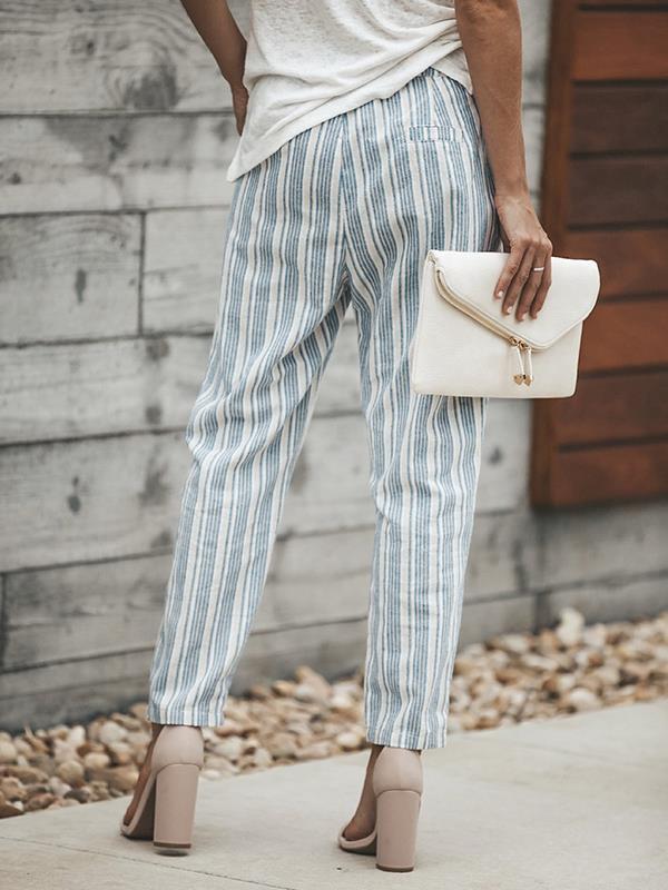 Women Casual Belt Striped Long Pants