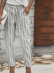 Women Casual Belt Striped Long Pants