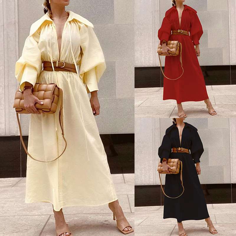 Casual Pure Tippet V neck Puff sleeve Belt  Maxi Dresses