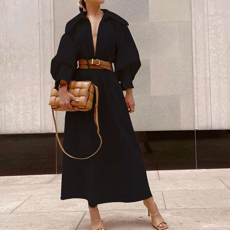 Casual Pure Tippet V neck Puff sleeve Belt  Maxi Dresses