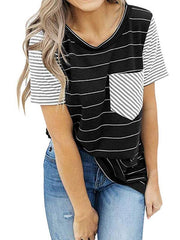 Short sleeve striped pocket stitching T - shirts