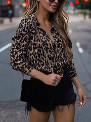 Casual button leopard print top long sleeve Blouses